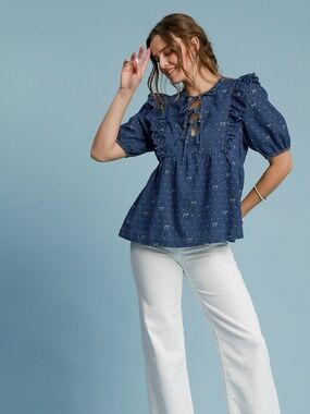 Umgee Denim Blue Bow Blouse NWT Ruffle Cotton Top